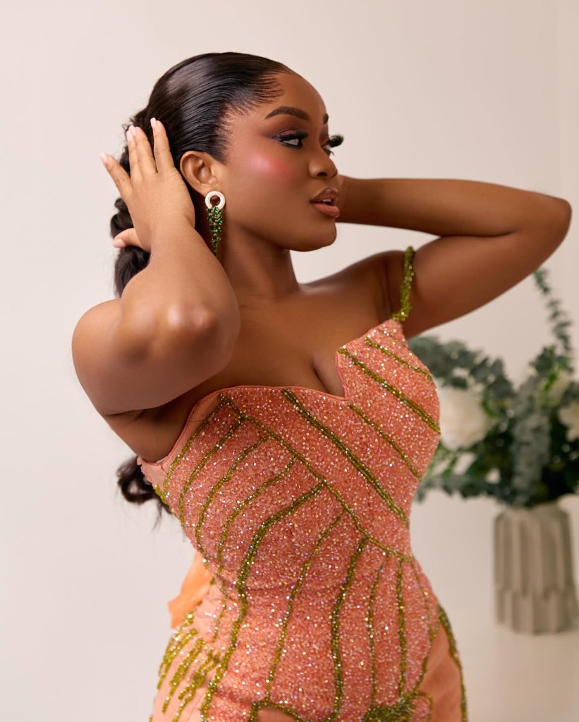 Bridal beauty look with a peach sequin gown