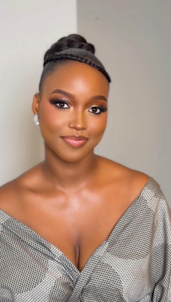 Soft glam makeup look with an updo